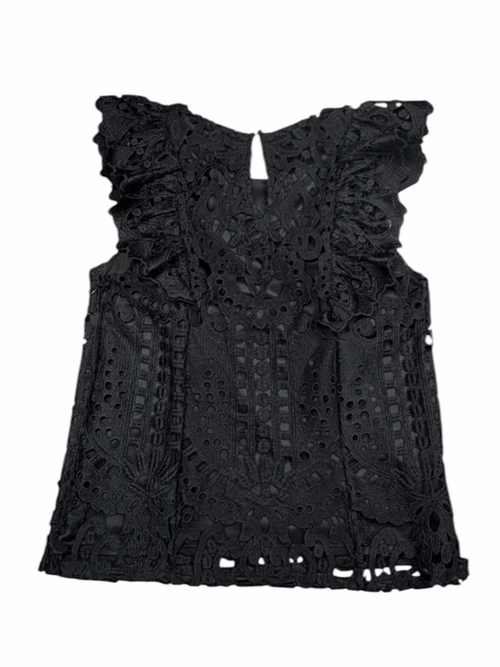 Express Black Baroque Lace Crochet Ruffle Sleeve Blouse - Size Medium - Picture 9 of 16